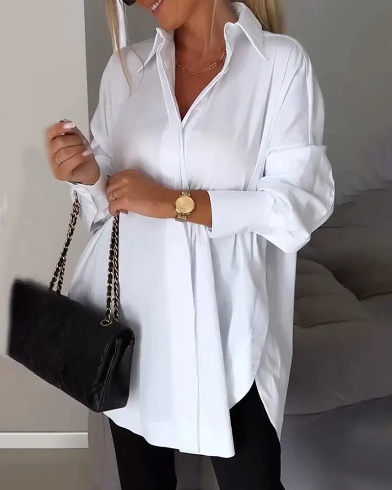 Women's long-sleeve shirt with lapel collar and straight fit