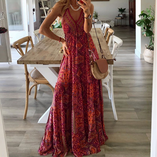 Women's dress with thin straps and flowing boho shape