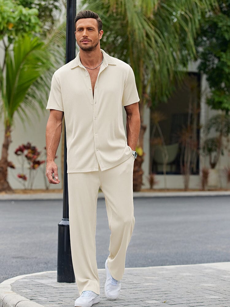 Men's set with striped short-sleeve shirt and drawstring trousers