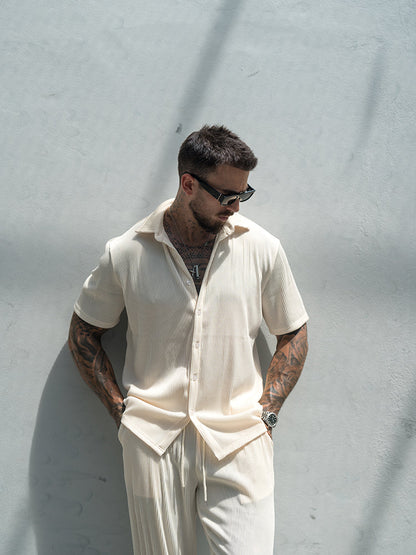 Men's set with striped short-sleeve shirt and drawstring trousers