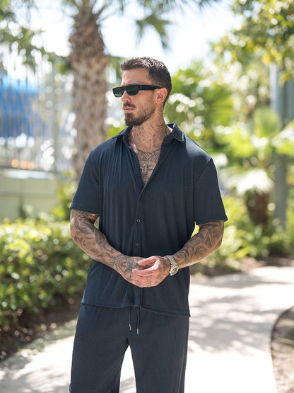 Men's set with striped short-sleeve shirt and drawstring trousers