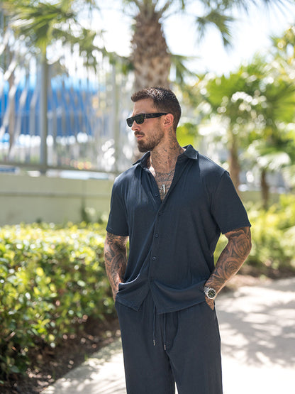 Men's set with striped short-sleeve shirt and drawstring trousers