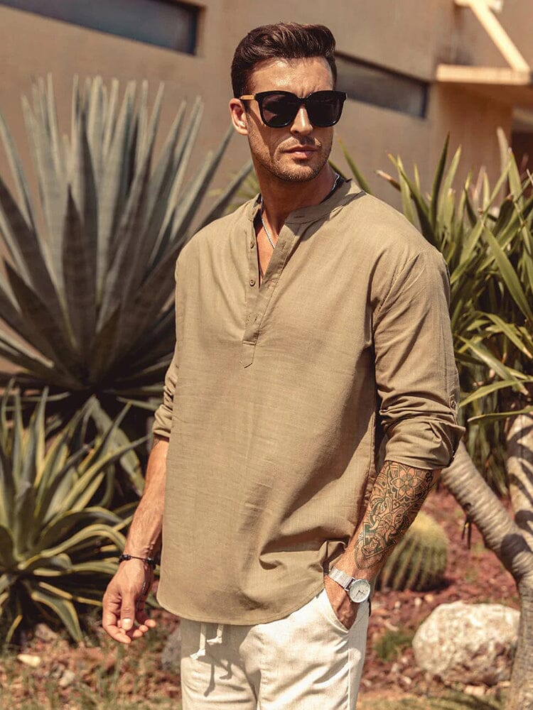 Men's henley shirt with stand collar and button detail