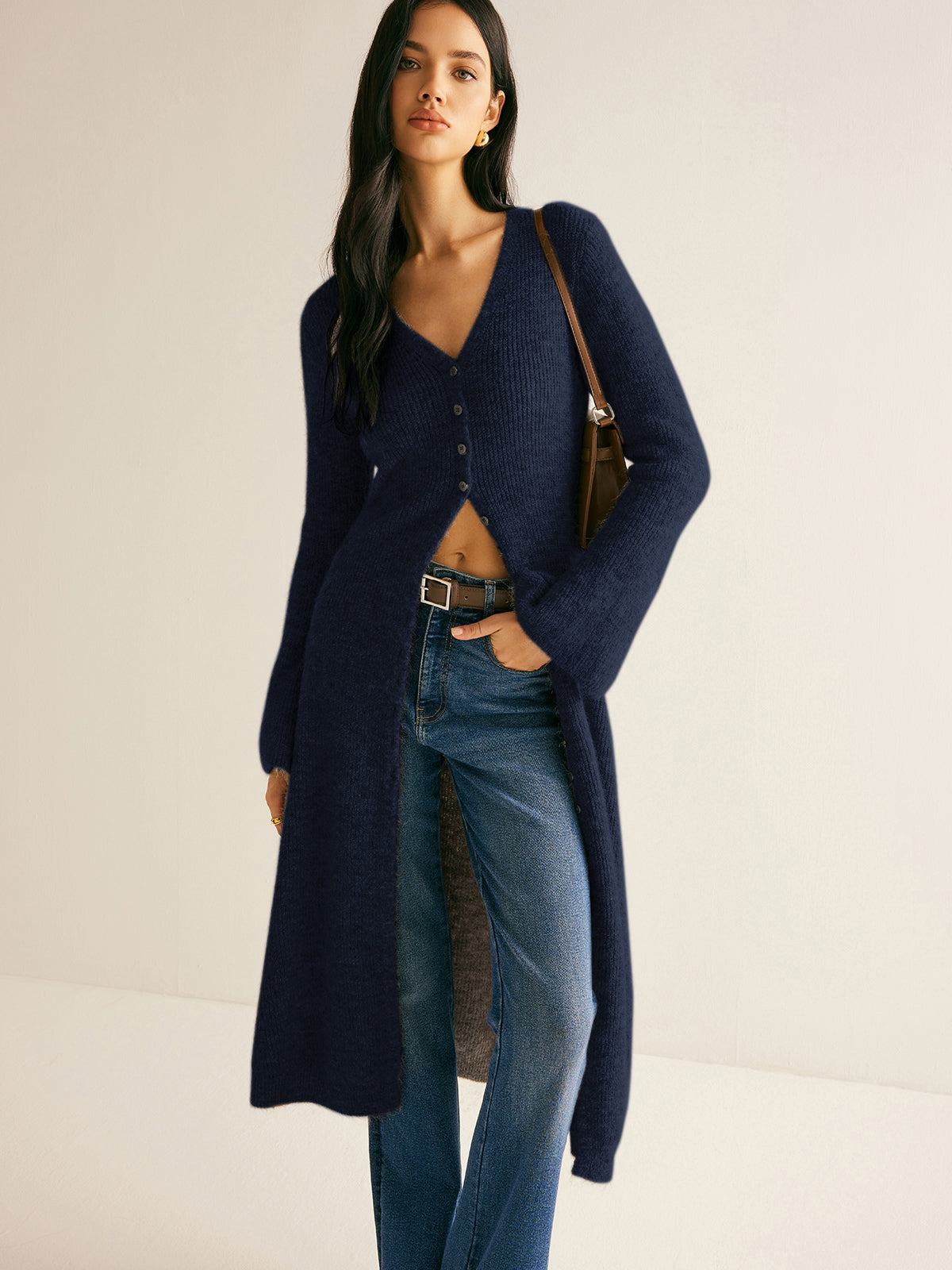 Women's sweater dress with side slit and long sleeves