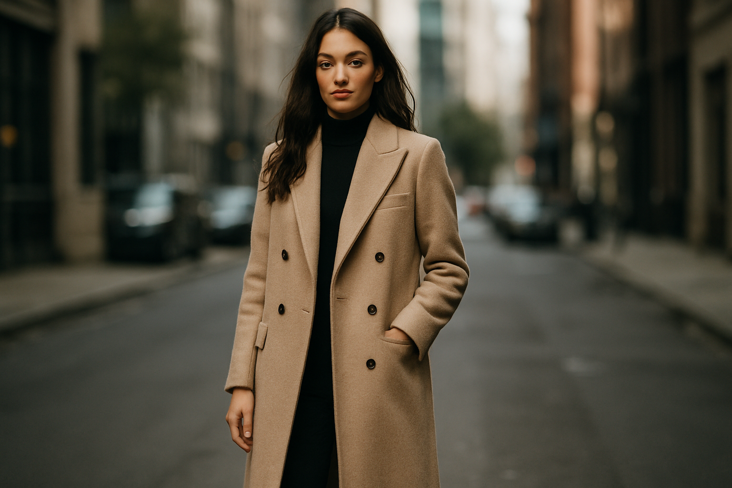 Woman in a beige coat walking down a city street