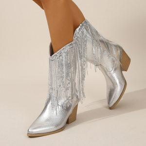 Viola | Silver Fringe Cowboy Ankle Boots