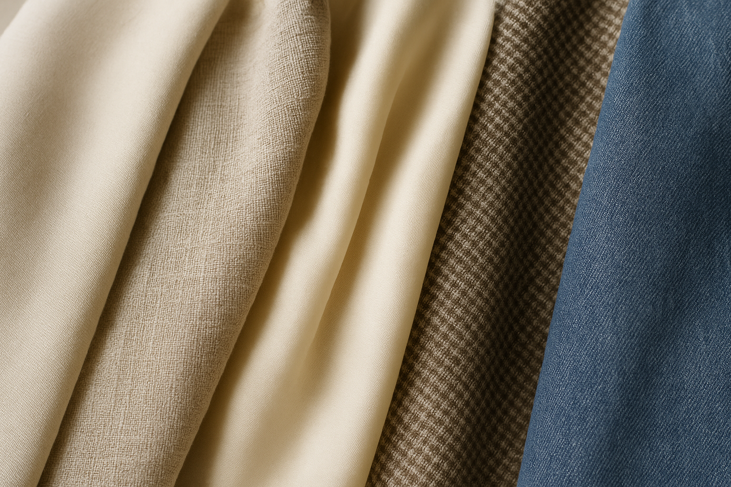 A realistic close-up photo of different fabric materials neatly displayed together — cotton, linen, silk, wool, and denim. Natural lighting, high detail texture, soft shadows, neutral background, professional photography style, high resolution, showcasing the variety of fabrics in different colors and patterns.