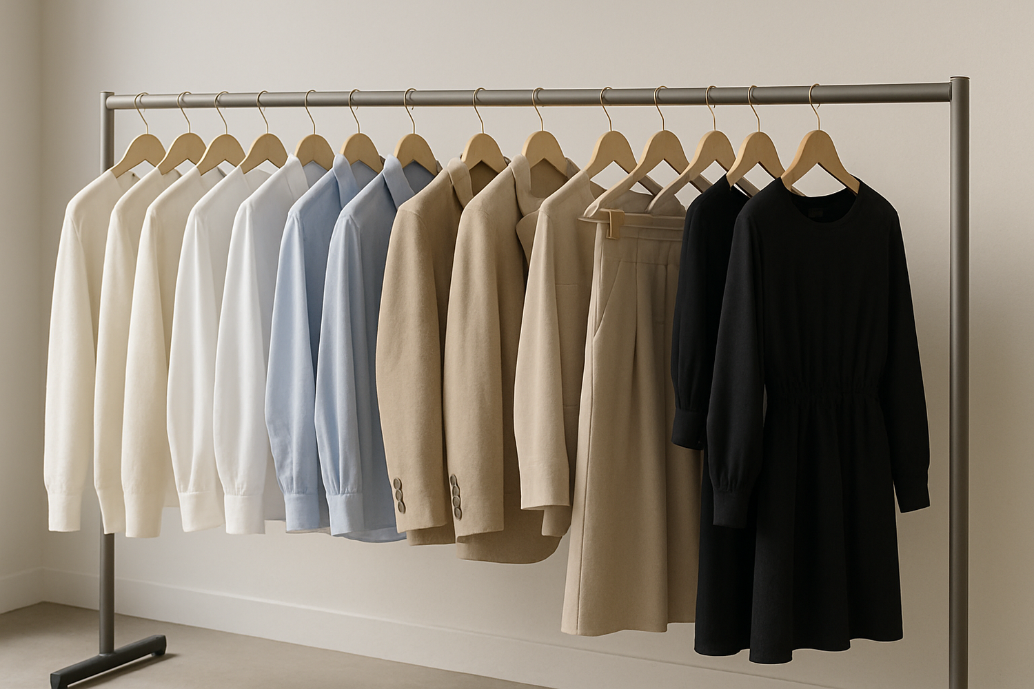 A realistic photo of a clothing rack in a modern boutique store, filled with neatly arranged men’s and women’s fashion. Natural lighting, minimalistic interior, neutral colors, wooden hangers, clean background, professional photography style, high resolution, realistic textures.