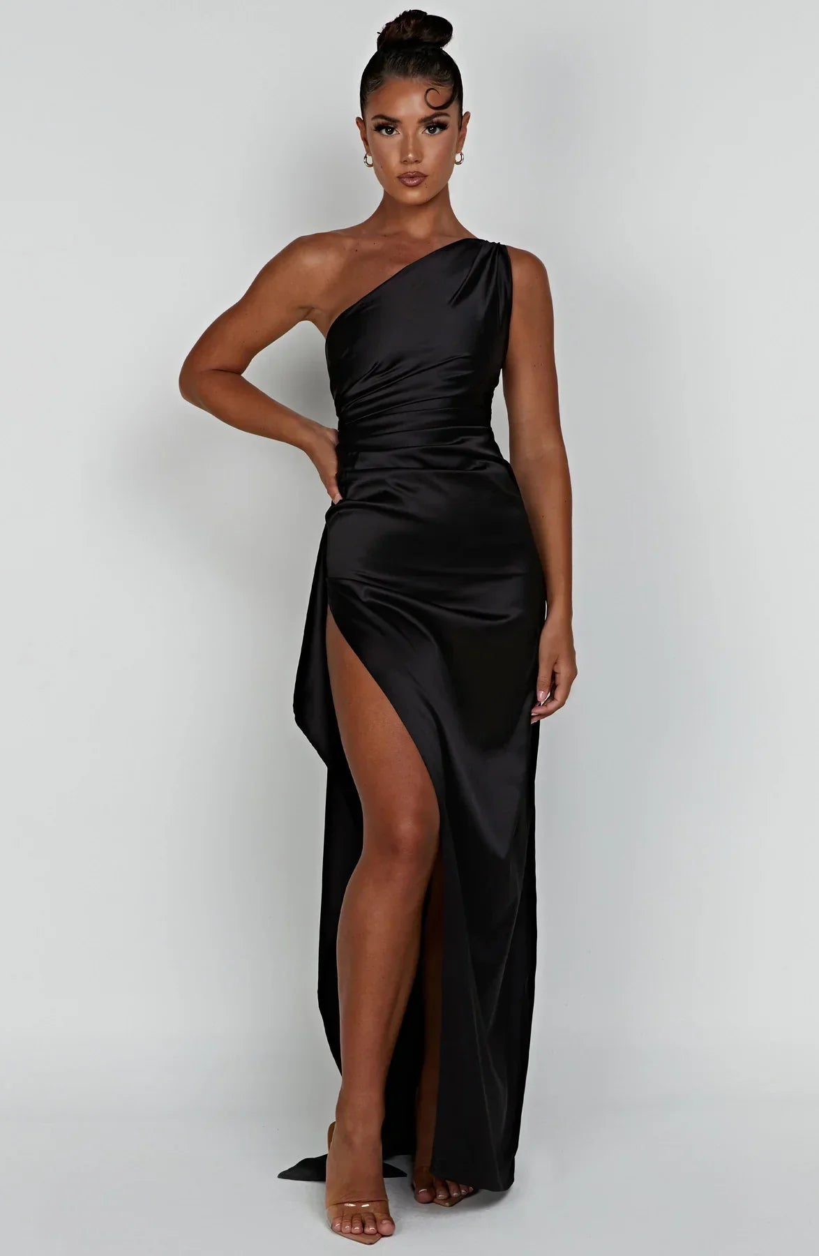 Fabiola | One Shoulder Pleated Split Satin Dress