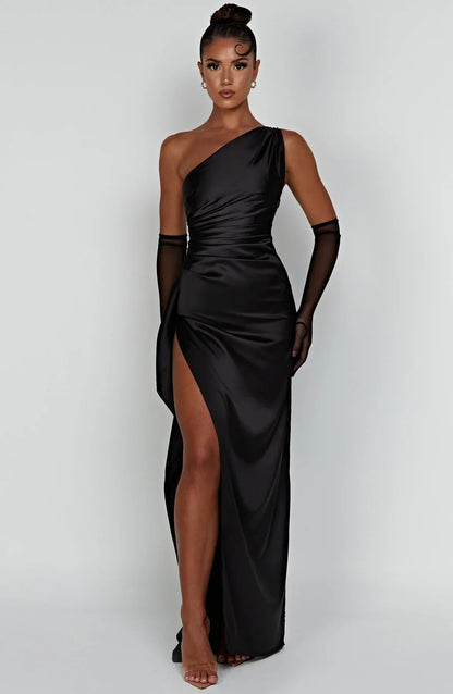 Fabiola | One Shoulder Pleated Split Satin Dress