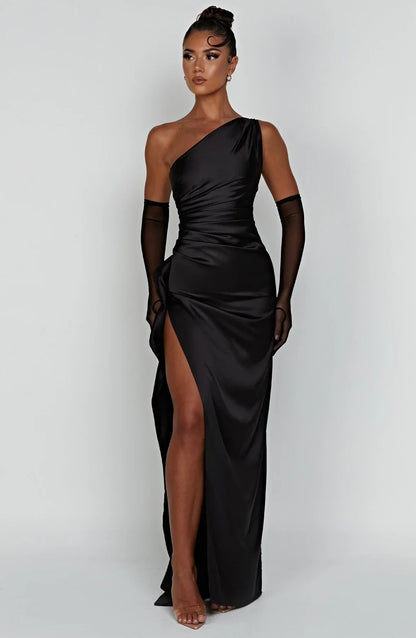 Fabiola | One Shoulder Pleated Split Satin Dress