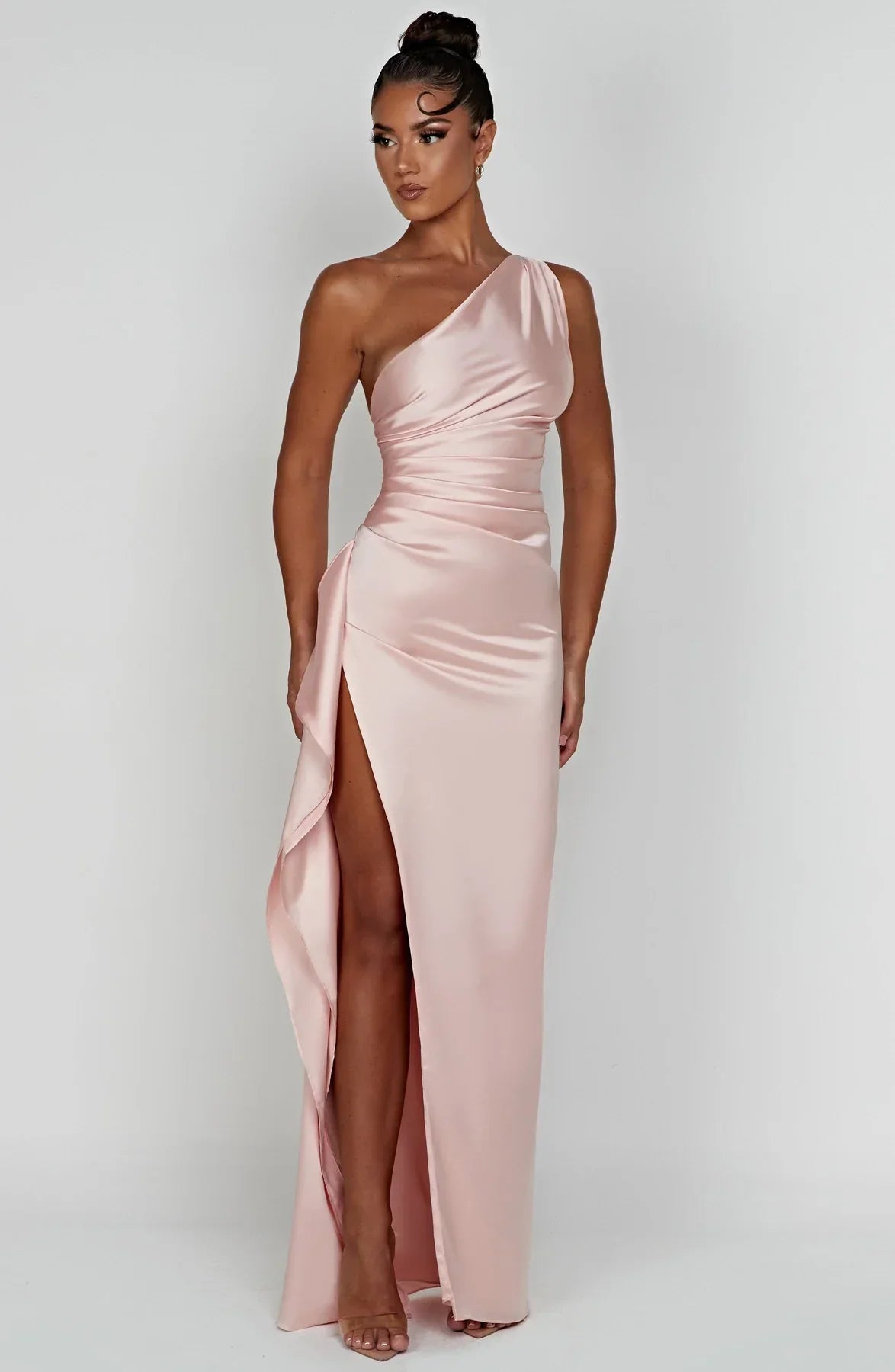 Fabiola | One Shoulder Pleated Split Satin Dress