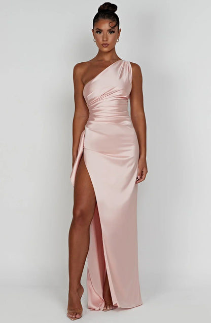 Fabiola | One Shoulder Pleated Split Satin Dress