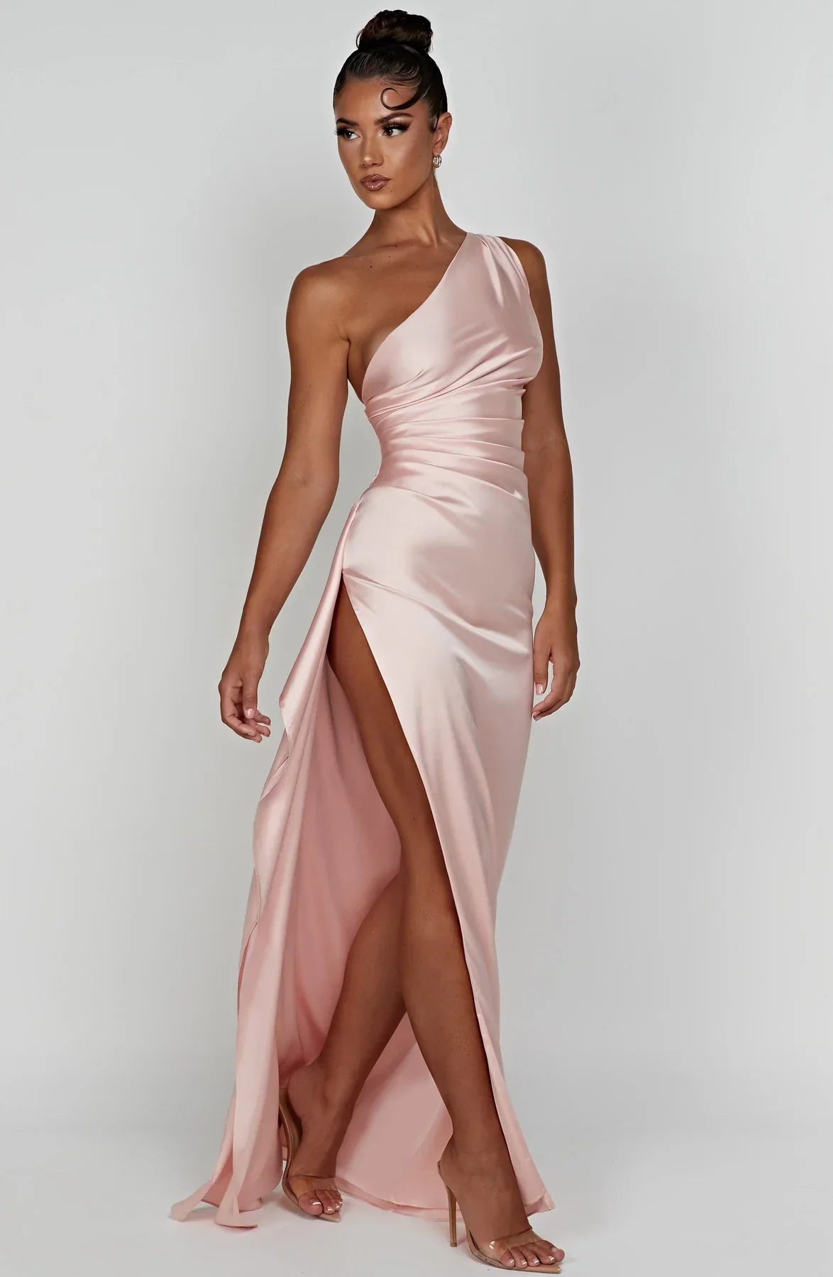 Fabiola | One Shoulder Pleated Split Satin Dress