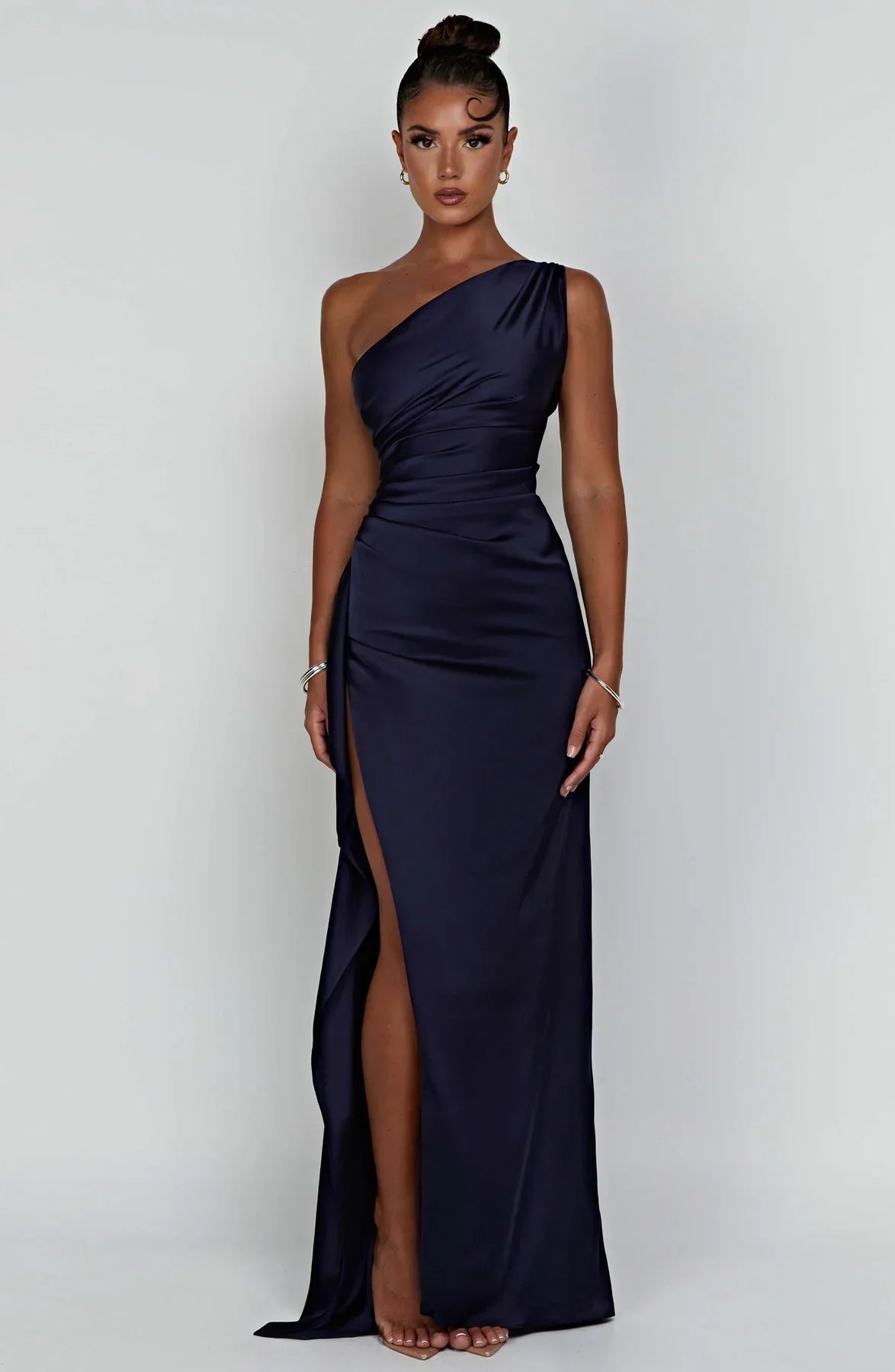 Fabiola | One Shoulder Pleated Split Satin Dress