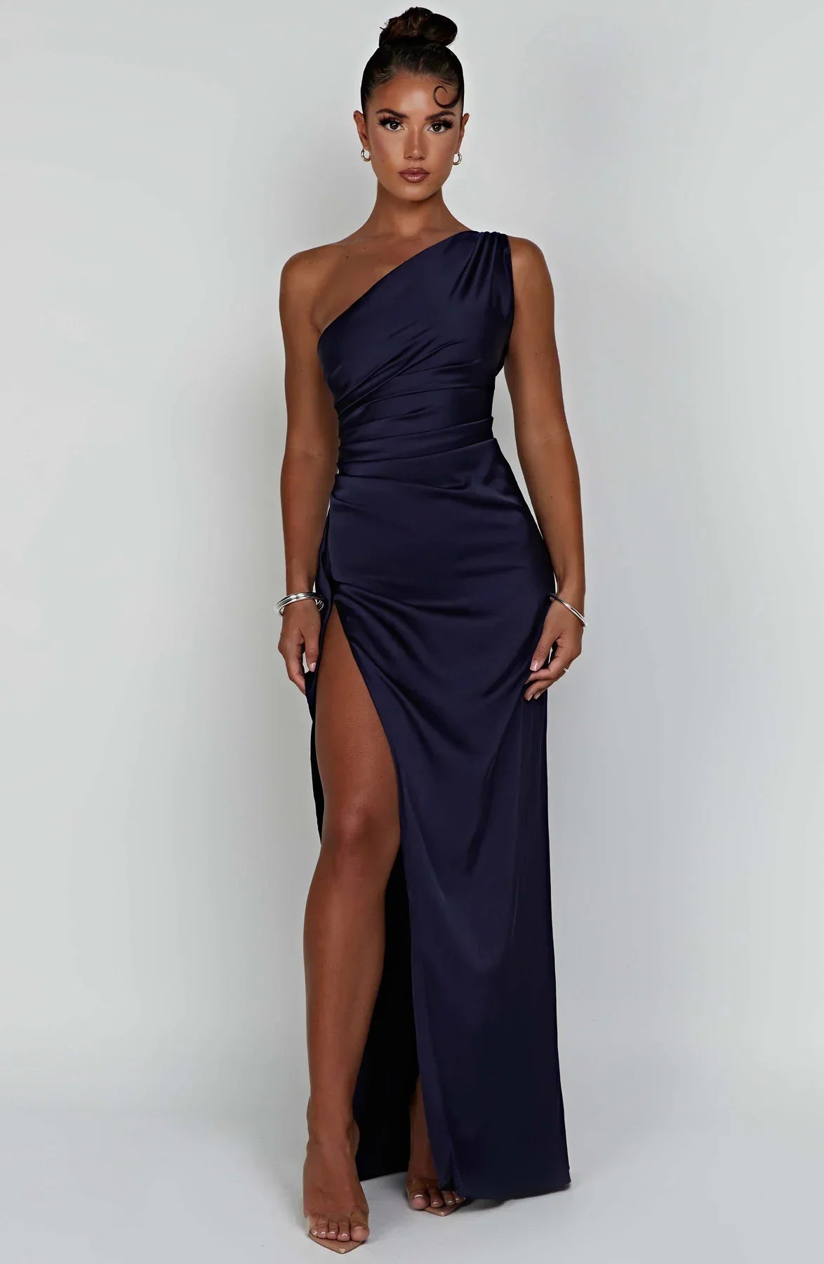 Fabiola | One Shoulder Pleated Split Satin Dress