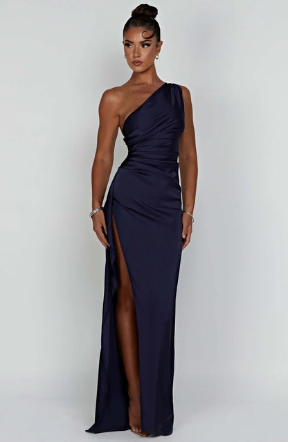 Fabiola | One Shoulder Pleated Split Satin Dress