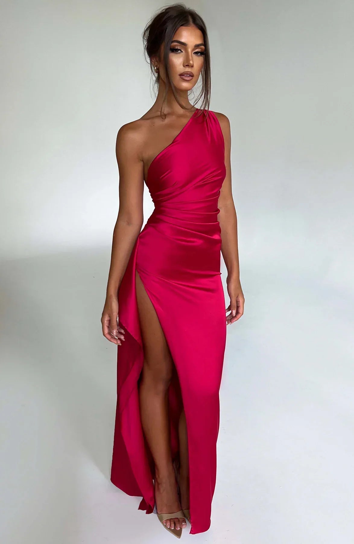 Fabiola | One Shoulder Pleated Split Satin Dress