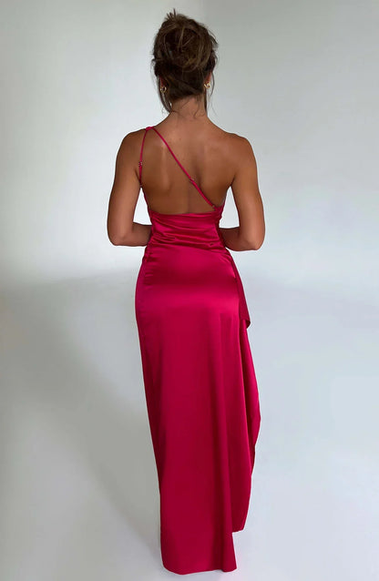 Fabiola | One Shoulder Pleated Split Satin Dress