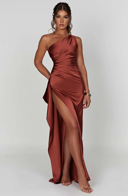 Fabiola | One Shoulder Pleated Split Satin Dress