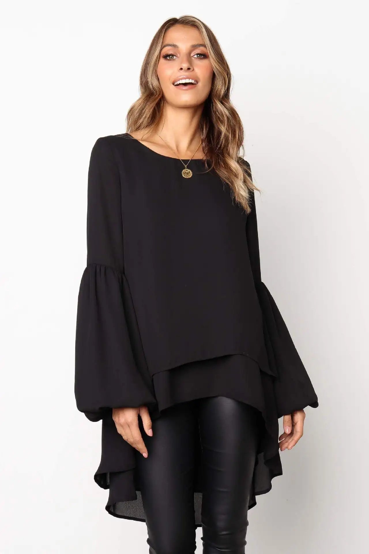 Maya | Lantern Sleeve Round Neck Blouse